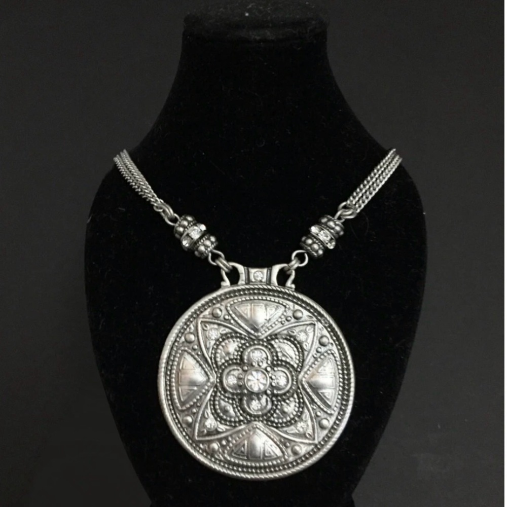 Chico's Pendant Bling Silver Tone Necklace Multi Strand Clear Rhinestone Accents